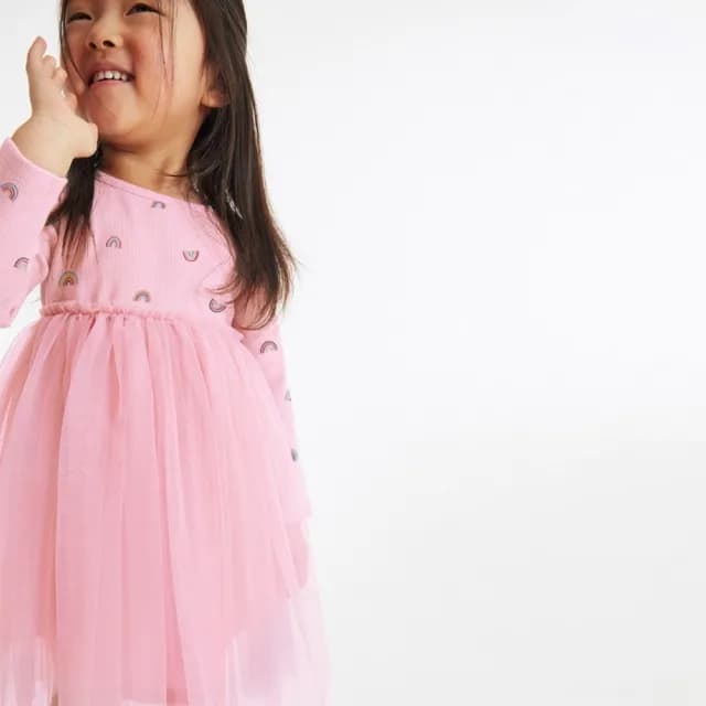 【橘魔法】彩虹長袖紗裙洋裝(薄長袖 連身裙 連衣裙 女童 兒童 童裝)