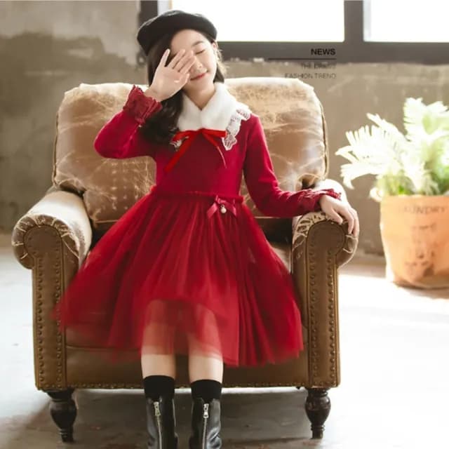 【橘魔法】蕾絲毛領刷毛長袖洋裝 套裝(連身洋裝 連身裙 過年 新年 聖誕 花童 大紅 大童 女童 兒童 童裝)