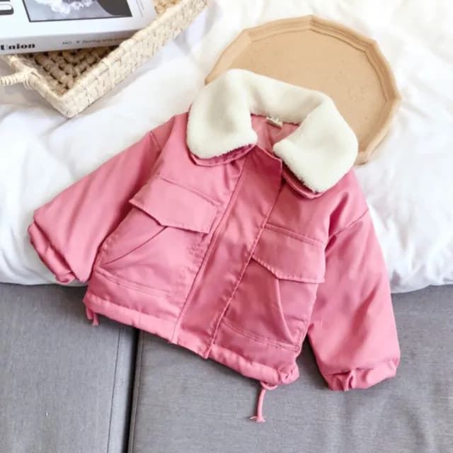 【橘魔法】粉色翻領毛絨長袖外套(風衣 外套 女童 兒童 童裝)