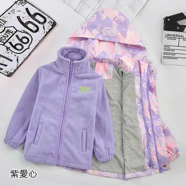 【橘魔法】大童 繽紛愛心長袖風衣外套(2件式 兩件式 可拆 厚 外套 衝鋒衣 長袖 連帽 保暖 親子款)