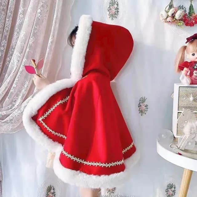 【橘魔法】蕾絲花邊小紅帽棉絨斗篷(披風 披肩 連帽斗篷 加厚 大紅 新年 過年 聖誕節 耶誕 女童 童裝 兒童)