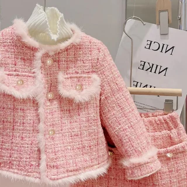 【橘魔法】粉嫩氣質名媛毛邊毛尼長袖外套+窄裙(套裝 外套 裙子 短裙 小香風 女童 童裝 兒童)