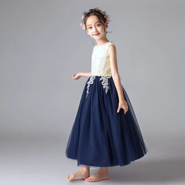 【橘魔法】刺繡珍珠蕾絲拼接深藍長裙禮服(花童 畢業 澎澎裙 全家福 婚禮 紗裙 女童 童裝)