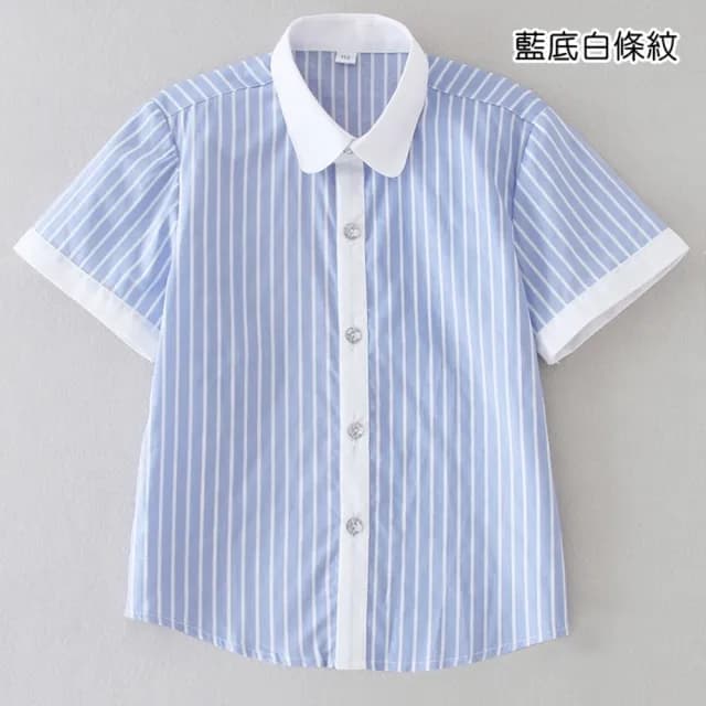 【橘魔法】短袖 直條紋 純白水鑽扣短袖襯衫(攝影 表演服 短袖上衣 童裝 男童 大童 花童 兒童)
