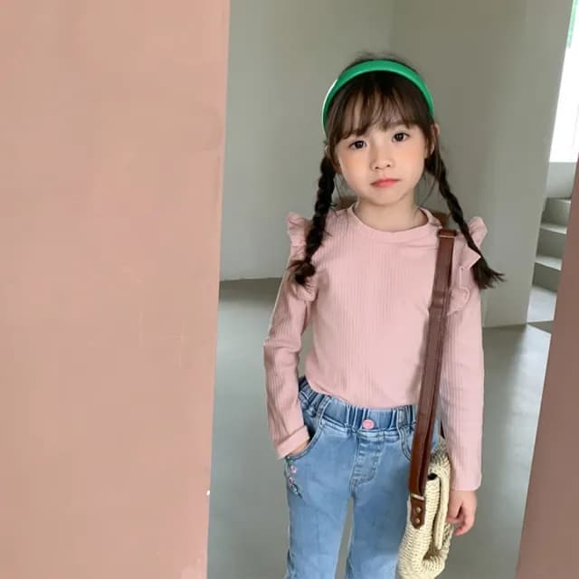 【橘魔法】浪漫小飛袖直條紋長袖上衣(打底衫 內搭衣 童裝 兒童 女童 中童)