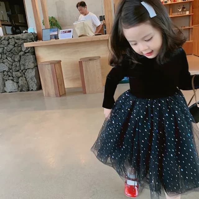 【橘魔法】黑絲絨炫彩亮片刷毛長袖洋裝(連衣裙 連身裙 紗裙洋裝 女童 童裝 兒童)