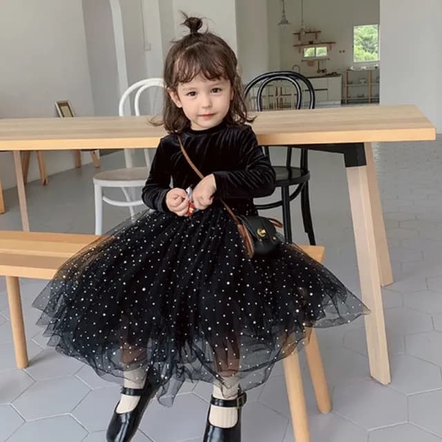 【橘魔法】黑絲絨炫彩亮片刷毛長袖洋裝(連衣裙 連身裙 紗裙洋裝 女童 童裝 兒童)