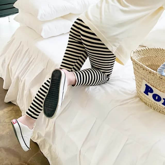 【橘魔法】重色條紋羅紋內搭褲(大童 長褲 褲子 貼身褲 合身褲 女童 童裝 兒童)