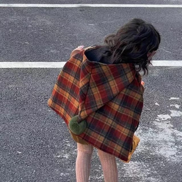 【橘魔法】英倫格紋尖尖帽毛尼斗篷(披肩 披風 外套 女童 兒童 男童 童裝)