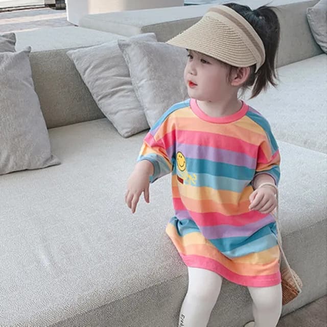 【橘魔法】微笑彩虹寬條長版短袖上衣(女童 中童 小童 兒童 童裝)