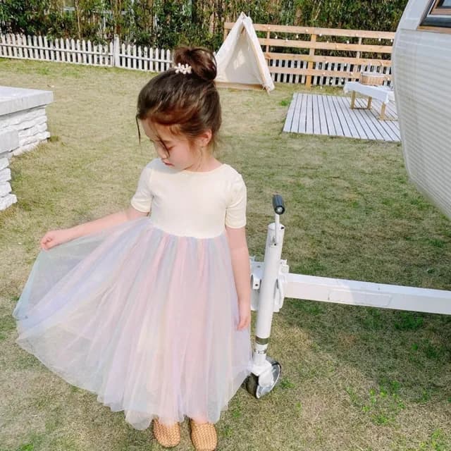 【橘魔法】彩虹漸層交叉大U露背紗裙連身洋裝(連衣裙 紗裙 女童 兒童 中童 童裝 女童 小童)