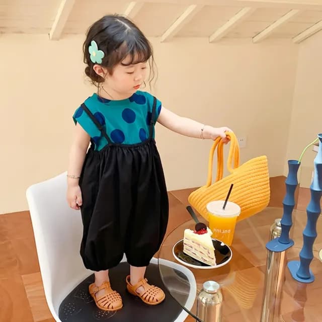 【橘魔法】藍綠點點背心+澎澎吊帶燈籠褲 套裝(褲子 七分褲 兒童 女童 童裝)