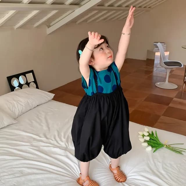 【橘魔法】藍綠點點背心+澎澎吊帶燈籠褲 套裝(褲子 七分褲 兒童 女童 童裝)