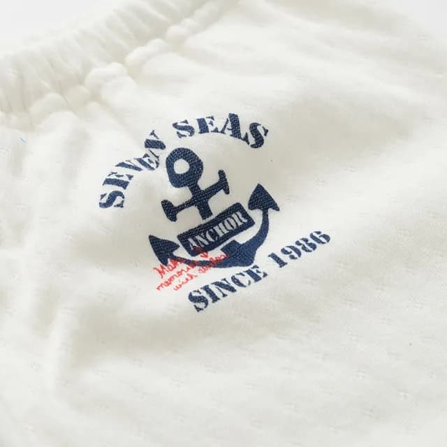 【橘魔法】(3件1組)條紋船錨雙層緹花 套裝(長袖上衣 褲子 內衣 長褲 居家服 男童 兒童 衛生衣 童裝)