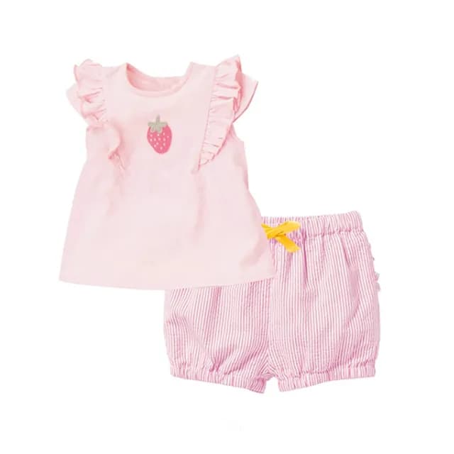 【橘魔法】草莓刺繡小飛袖上衣+粉條紋屁屁褲 套裝(短袖上衣 棉T 褲子 短褲 兒童 女童 童裝)