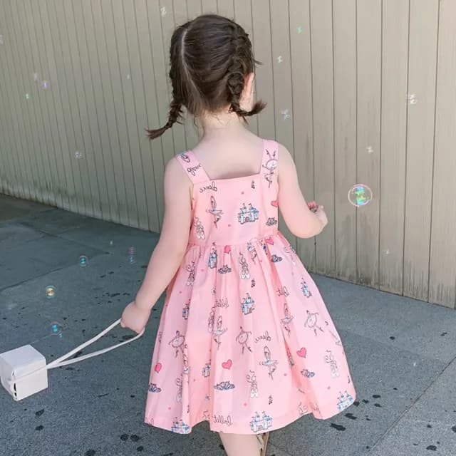 【橘魔法】滿印平口排釦傘擺吊帶洋裝(吊帶裙 連身裙 裙子 女童 兒童 童裝)
