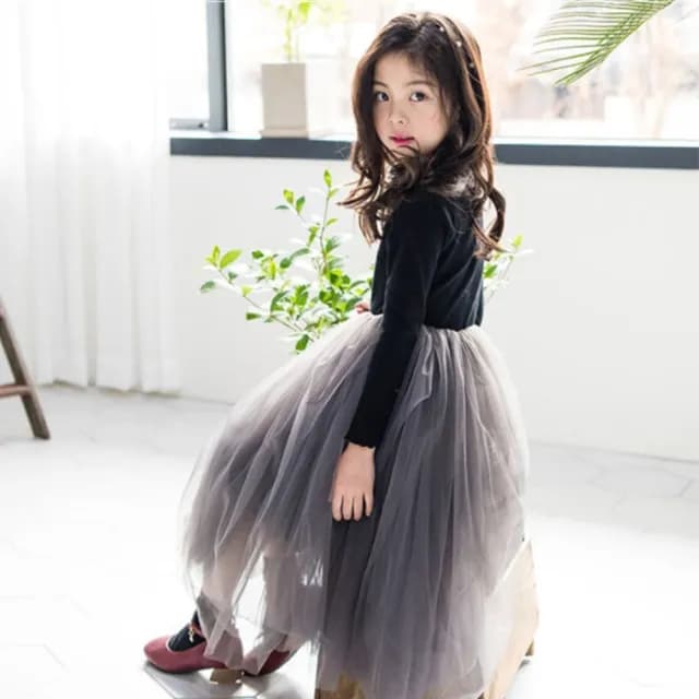 【橘魔法】厚款木耳邊黑拼灰紗裙長袖洋裝(大童 連身裙 澎澎裙 連衣裙 刷毛 加厚 女童 兒童 童裝)