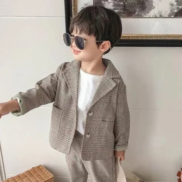 【橘魔法】復古格紋西裝套裝((不含上衣)西裝外套 長袖外套 西裝褲 褲子 薄外套 女童 男童 兒童 童裝)