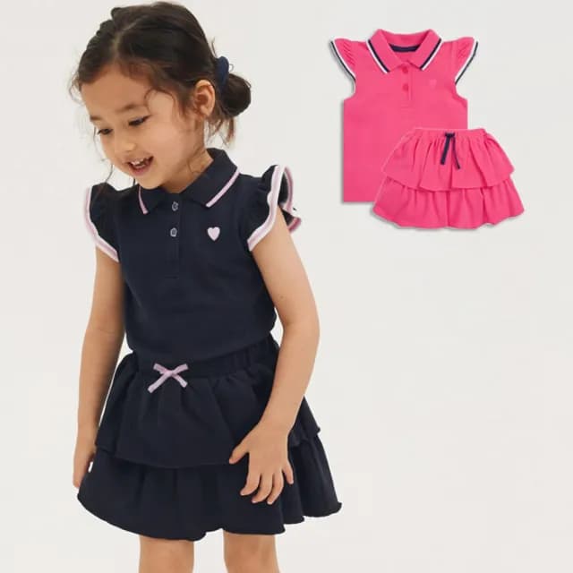 【橘魔法】網眼愛心小飛袖POLO衫套裝(蛋糕裙 短裙 裙子 大童 運動風 女童 兒童 童裝)