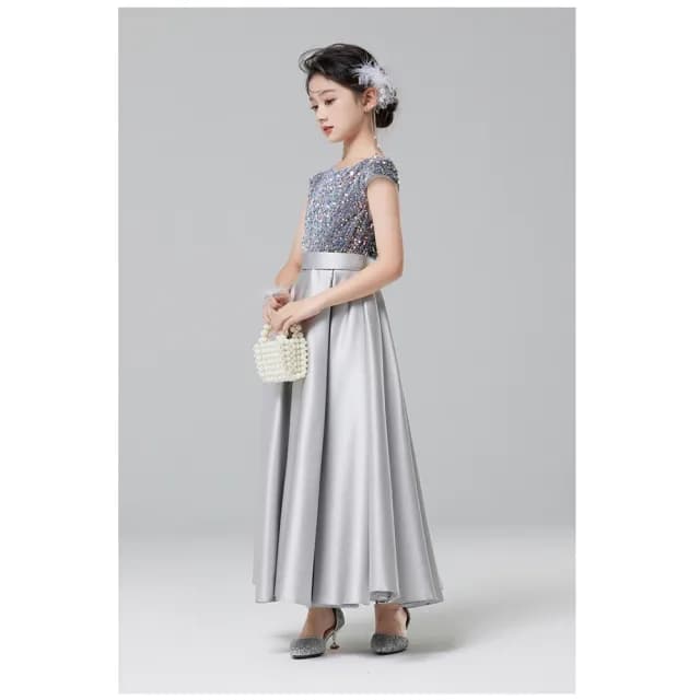 【橘魔法】晚宴風銀灰閃亮片長裙禮服(大童 連身裙 禮服 攝影 表演 鋼琴 表演 演奏會 童裝 兒童 女童)