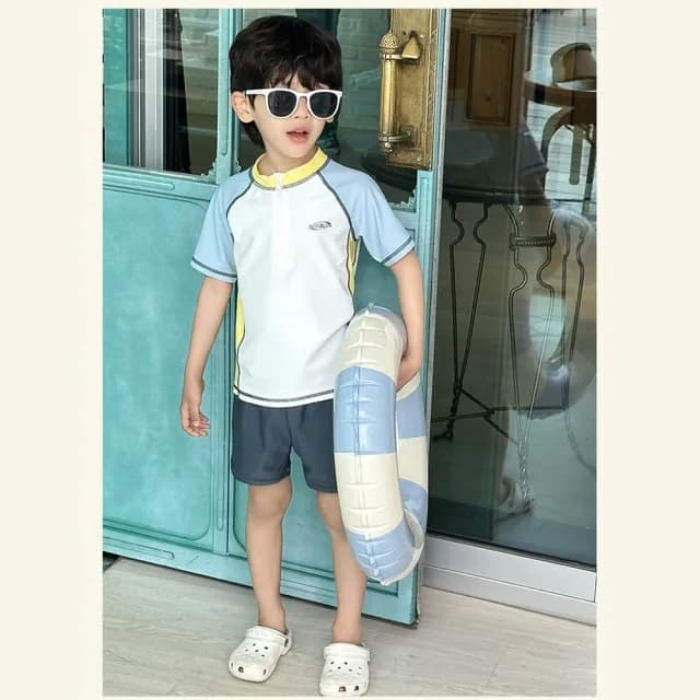 【橘魔法】色塊拼接插肩短袖泳衣套裝(二件式 泳裝 游泳課 學生泳衣 兒童 男童 童裝)