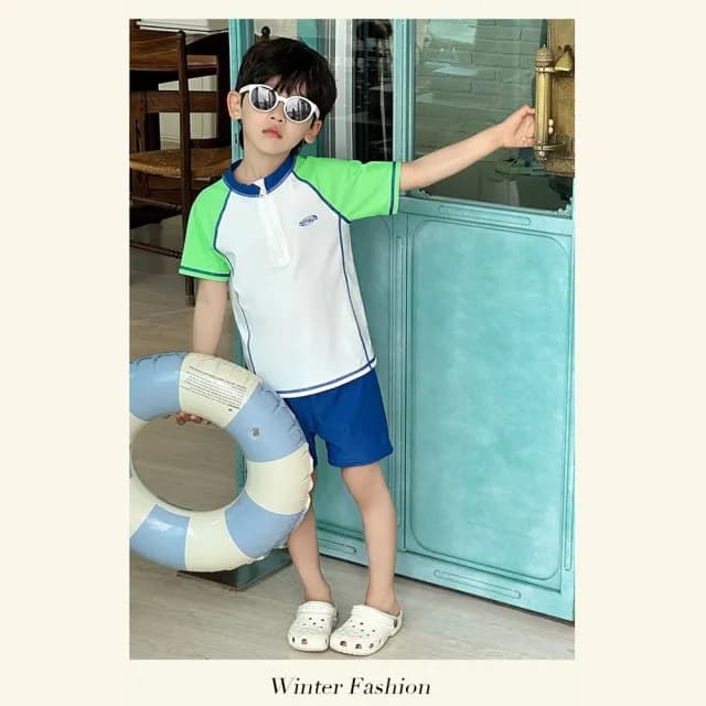 【橘魔法】色塊拼接插肩短袖泳衣套裝(二件式 泳裝 游泳課 學生泳衣 兒童 男童 童裝)