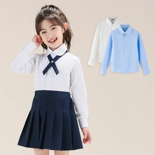 【橘魔法】女童細斜紋純白長袖襯衫(長袖上衣 大童 白襯衫 花童 表演服裝 攝影 鋼琴 表演 童裝 兒童 女童)