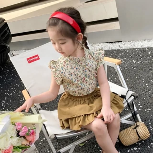 【橘魔法】復古甜美碎花小飛袖套裝(短袖上衣 褲裙 短褲 褲子 女童 兒童 兒童 童裝)