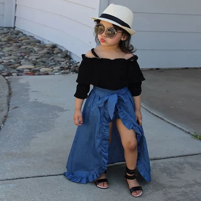 【橘魔法】露肩棉紗牛仔荷葉長裙(三件式 套裝 3件式 半身裙 裙子 露肩上衣 無袖上衣 女童 童裝 兒童)