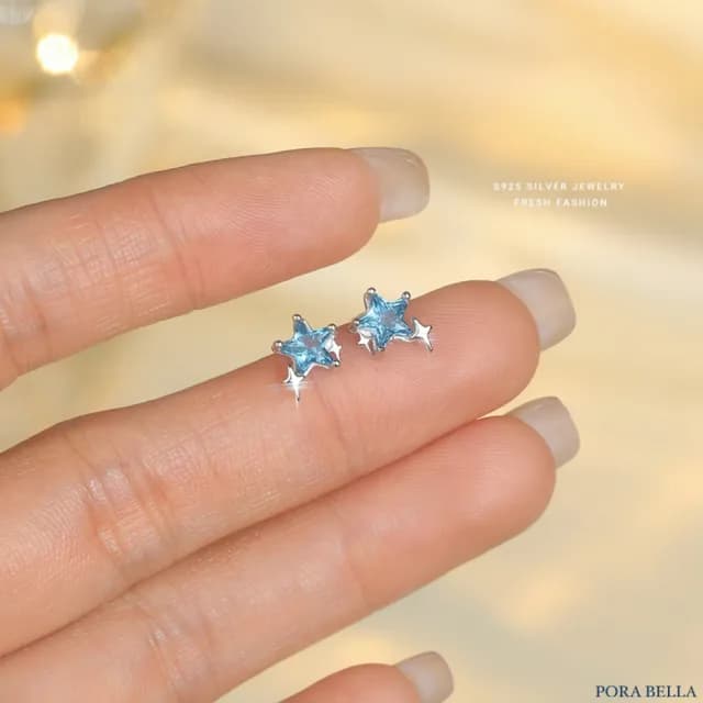 【Porabella】S925純銀 星星耳釘|淺藍星星 星芒耳針 鑲晶 告白生日情人節禮物推薦 earrings