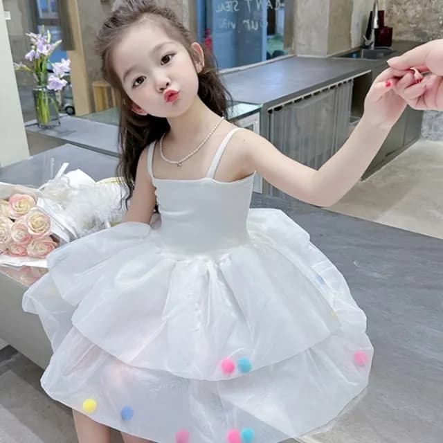 【橘魔法】彩虹毛球肩帶澎澎紗裙洋裝(連衣裙 連身裙 吊帶洋裝 紗裙洋裝 童裝 兒童 女童)