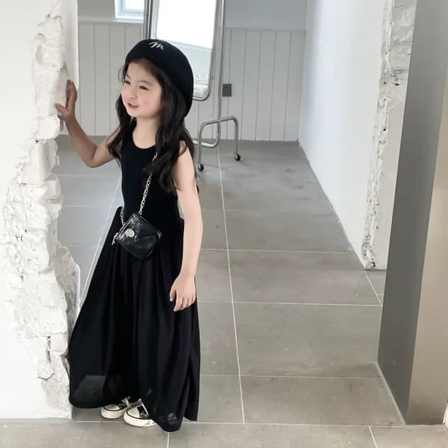 【橘魔法】赫本風坑條背心長裙洋裝(大童 背心洋裝 連身裙 兒童洋裝 女童 童裝 兒童)