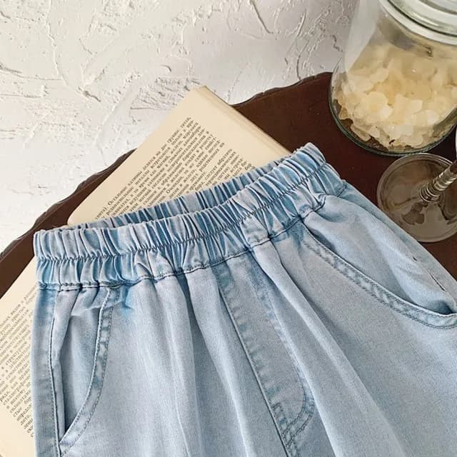 【橘魔法】雙色休閒牛仔縮口褲(大童 牛仔褲 哈倫褲 長褲 薄長褲 褲子 防蚊褲 縮口褲 童裝 兒童)