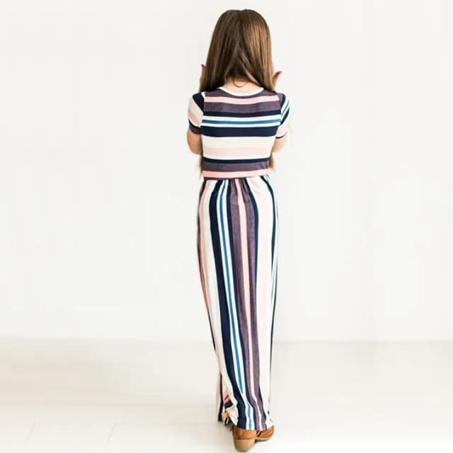 【橘魔法】條紋拼接沙灘長裙(短袖 無袖 背心洋裝 童長裙 長洋裝 兒童 女童 童裝)