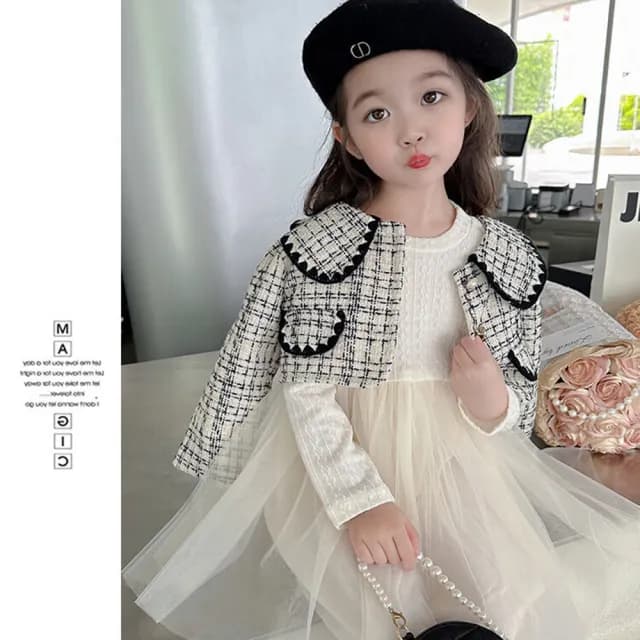 【橘魔法】甜心名媛格紋毛呢小外套+洋裝 套裝(長袖 外套 童裝 兒童 女童 生日洋裝)