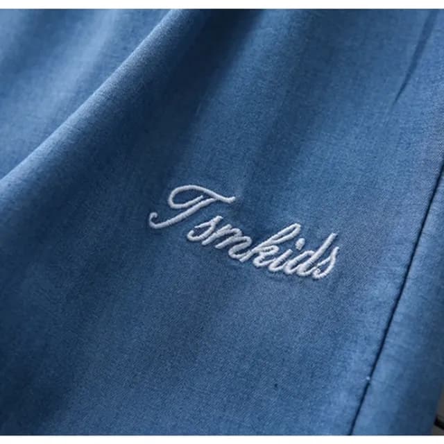 【橘魔法】刺繡字母天絲棉薄款鬆緊褲頭牛仔褲(縮口長褲 防蚊褲 長褲 空調褲 薄長褲 童裝 兒童)