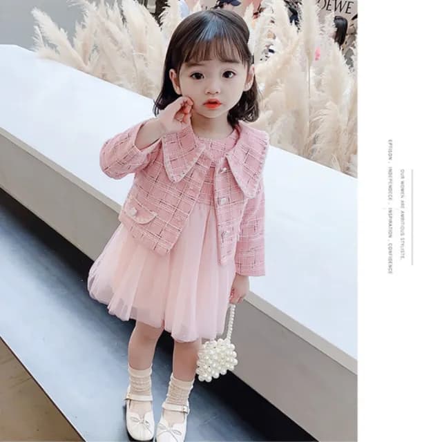 【橘魔法】翻領小香風交錯編織毛呢洋裝 附襯裙(套裝 長袖外套 紗裙 連身裙 背心裙 女童 童裝 兒童)