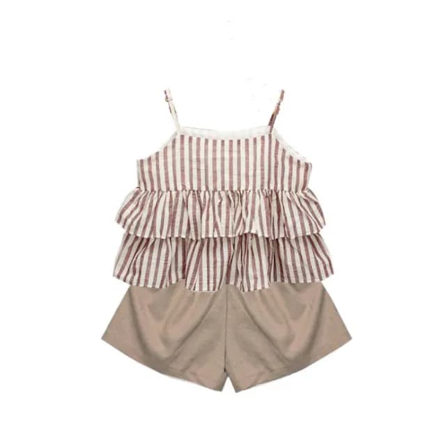 【橘魔法】棉麻直條荷葉細肩帶套裝(小可愛 背心 褲子 短褲 褲裙 女童 小童 兒童 童裝)