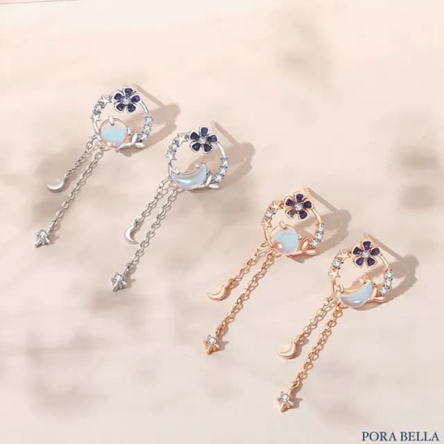 【Porabella】925純銀 月光石耳釘|花朵 月亮 流蘇設計 穿洞式耳飾| 穩定情緒 戀人之石不對襯耳環