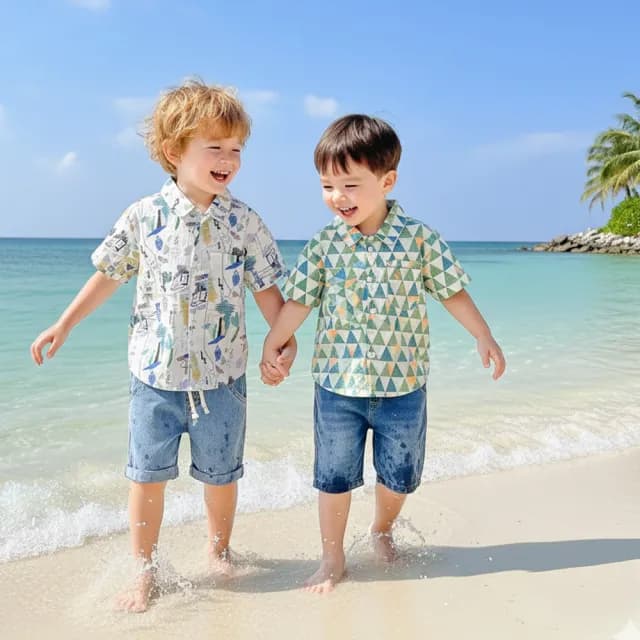 【橘魔法】樹葉沙灘花襯衫(短袖襯衫 夏威夷襯衫 海島國家 沙灘 海邊 男童 童裝 中童 兒童)