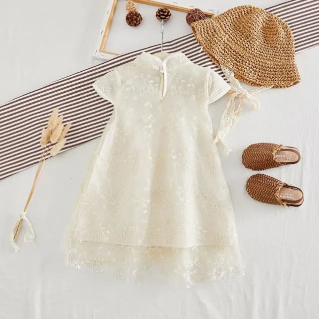 【橘魔法】甜美刺繡紗質旗袍洋裝(短袖洋裝 連身洋裝 連衣裙 連身裙 紗裙洋裝 女童 兒童 童裝)