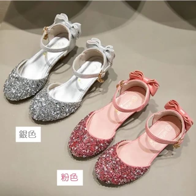【橘魔法】閃鑽亮片腳跟蝴蝶結高跟涼鞋(高跟鞋 低跟鞋 鞋子 公主鞋 女童 婚禮 禮服表演 花童 童裝)