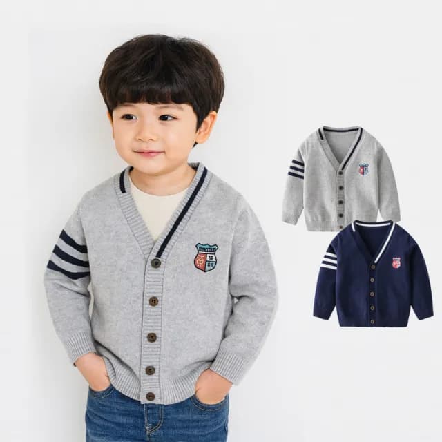【橘魔法】學院風刺繡徽章槓條針織外套(長袖外套 開衫外套 針織 毛衣 男童 兒童 童裝)