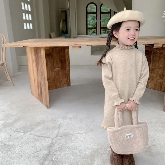 【橘魔法】韓系氣質木耳邊針織連身裙(大童 連衣裙 洋裝 長版上衣 中童 童裝 女童 兒童)