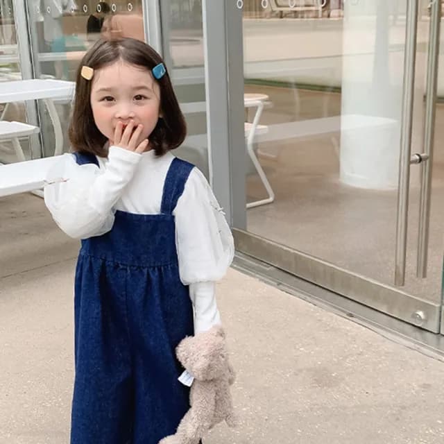 【橘魔法】俏皮抓皺鬚邊吊帶牛仔褲(褲子 吊帶褲 長褲 女童 童裝 兒童)