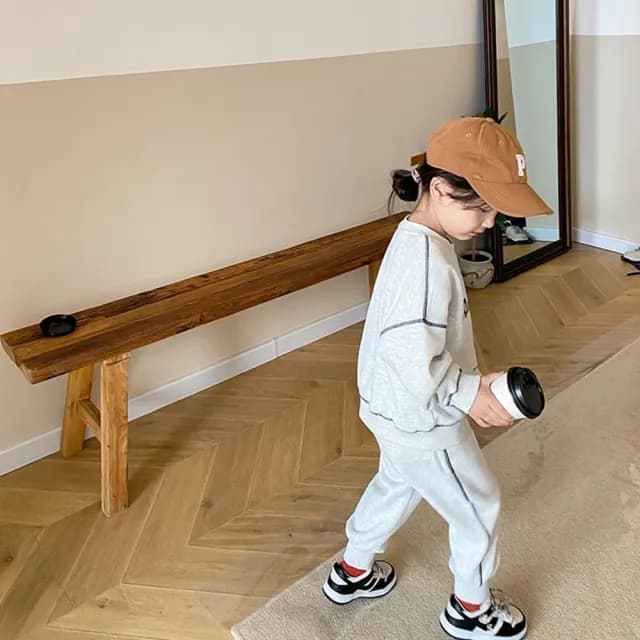 【橘魔法】反車線字母印花長袖套裝(長袖上衣 長褲 棉褲 運動 大童 兒童 男童 女童 中性款 童裝)