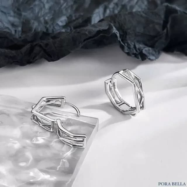 【Porabella】S925純銀線條幾何耳扣|歐美嘻哈痞帥風耳環 送男友生日禮物推薦| 附贈精美包裝 Earrings