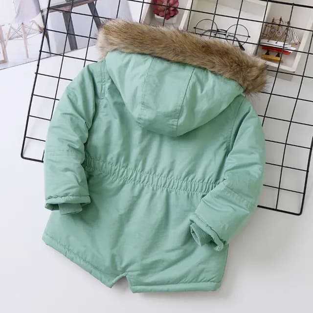 【橘魔法】亮色縮腰毛毛領連帽長袖外套(棉絨 刷毛 風衣 大衣 外套 大童 厚外套 女童 兒童 童裝)