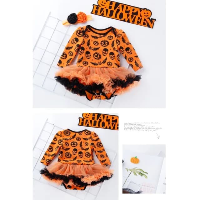 【橘魔法】(小童優惠價)南瓜滿印紗裙包屁衣+髮帶(萬聖節服裝 澎澎裙 小童 嬰幼兒 童裝 女童 兒童)
