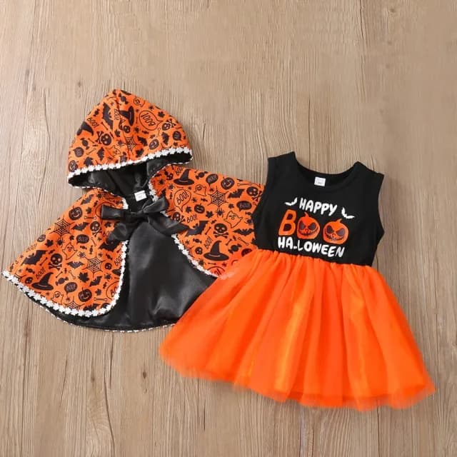 【橘魔法】萌南瓜背心紗裙洋裝+滿印斗篷披風(斗篷 萬聖節服裝 造型服 角色扮演 兒童 女童 童裝 小童)